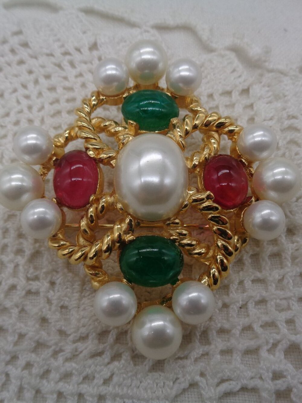 Vintage CINER Faux Pearl & GRIPOIX GLASS Cabochon BROOCH / Pendant